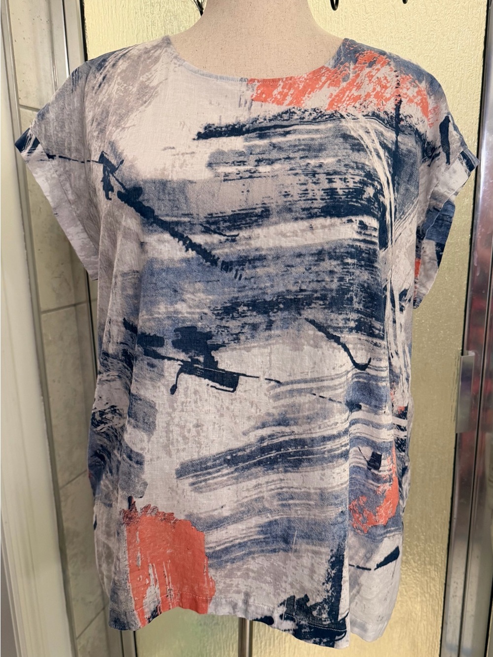Picadilly Abstract Paint Stroke Print Top Blouse Blue Coral White XXL EUC $32